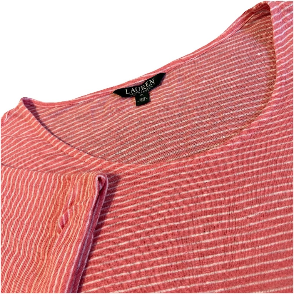 Ralph‎ Lauren Blouse Womens XL Raspberry Striped 100% Linen Top Short Sleeve Tee
